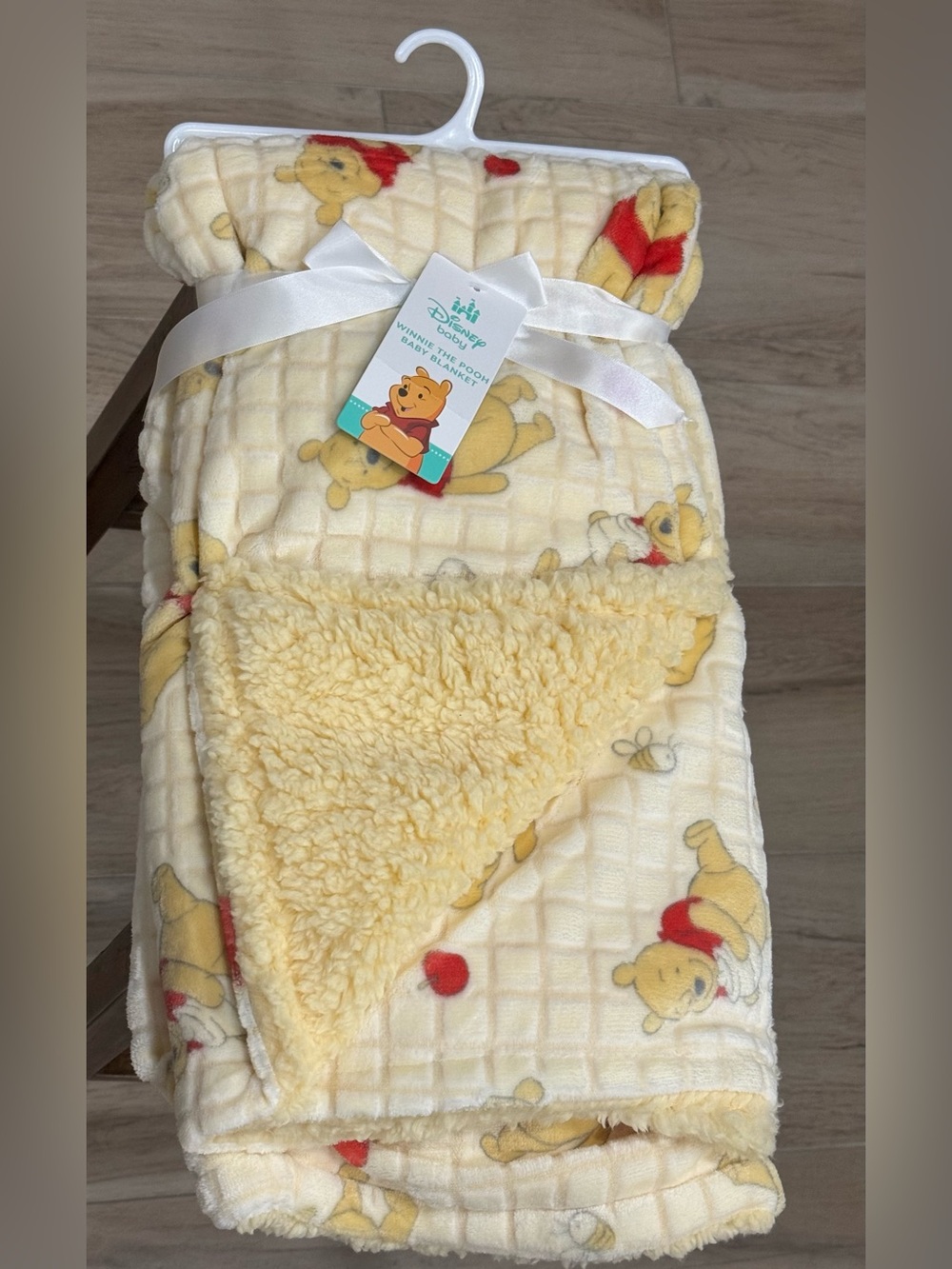 Disney Winnie The Pooh Baby Boy or Girl Yellow Plush Blanket 30in X 40in NWT